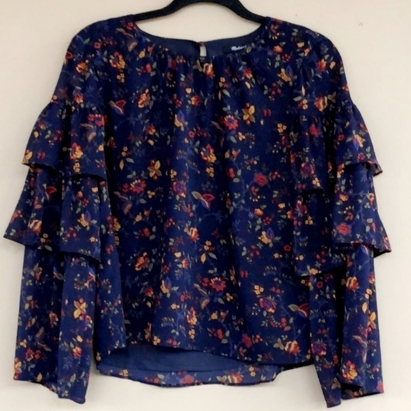 Madewell • Ruffled Tiered Sleeve Floral Blouse Navy Climbing Vine Women's Small - Picture 4 of 9